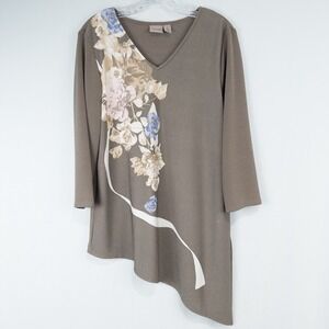 Chicos Easywear Floral 3/4 Sleeve Asymmetric Tunic Top Womens 2 (L) V Neck Taupe